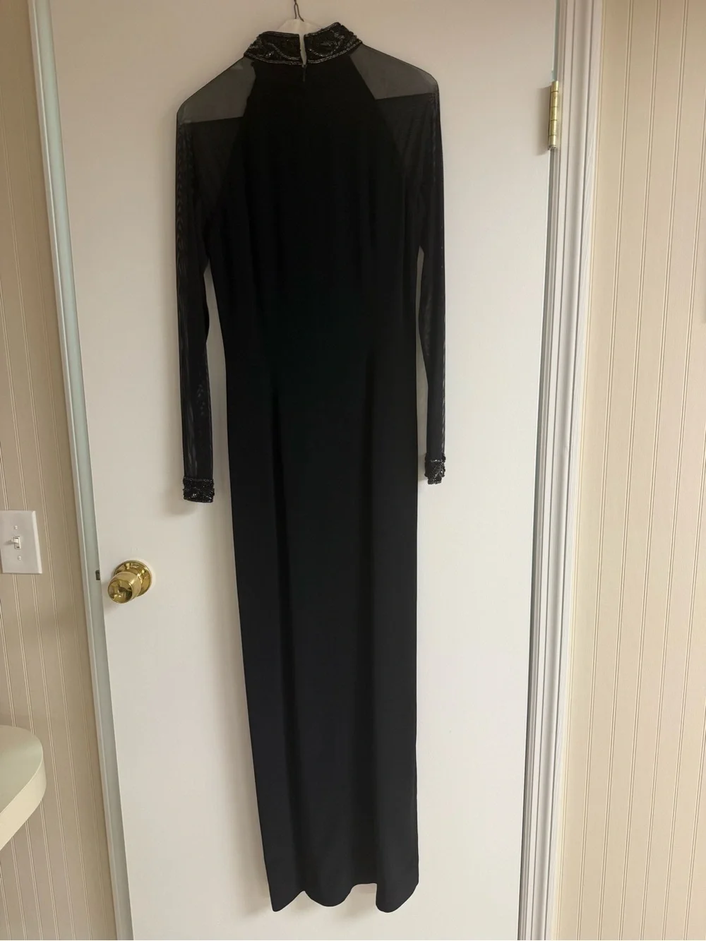 Oleg Cassini Black Long Sheer-Sleeve Evening Gown